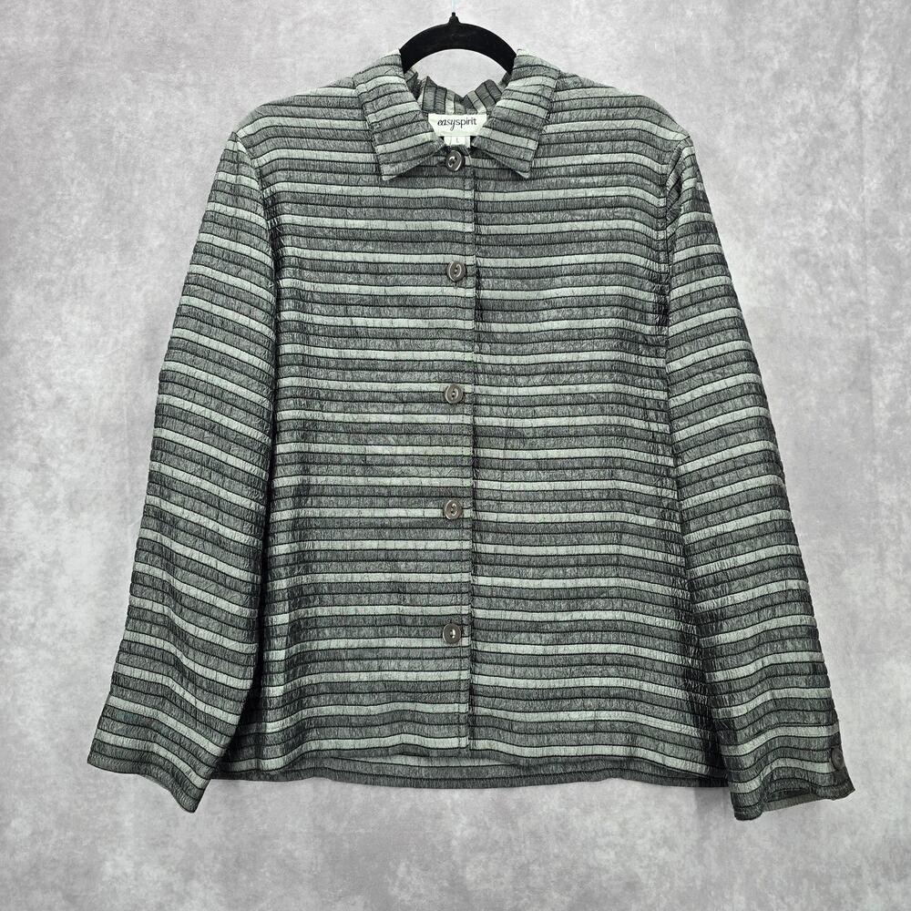 Easy Spirit Gray Stripe Button Metallic Long Sleeve Coat Jacket Large